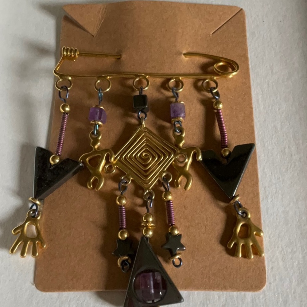 Gold and Black Geometric Dangle Brooch